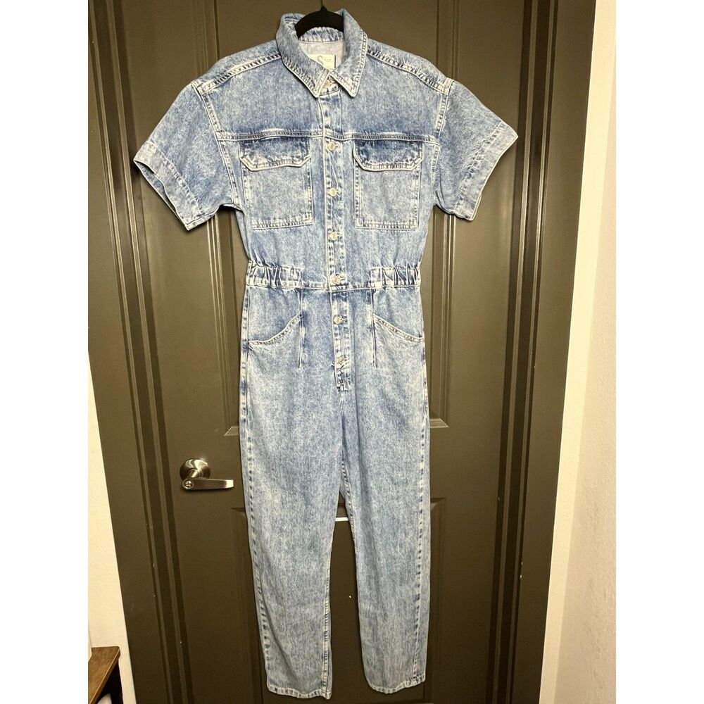 We The Free Womens S Denim Jumpsuit Acid Wash Short Sleeve Utility Coverall